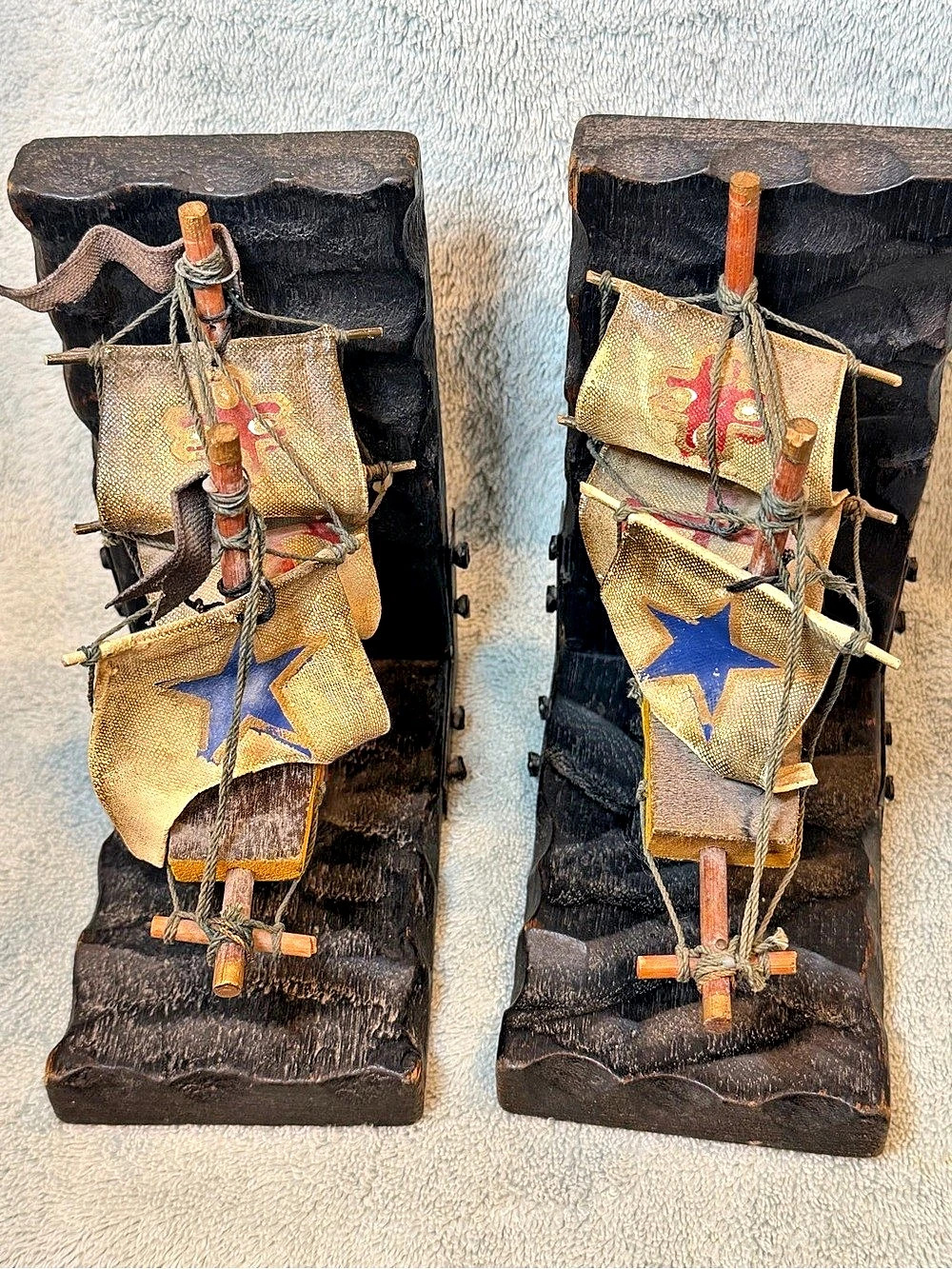Vintage Wooden Nautical Sailing Ship Bookends, Set of 2